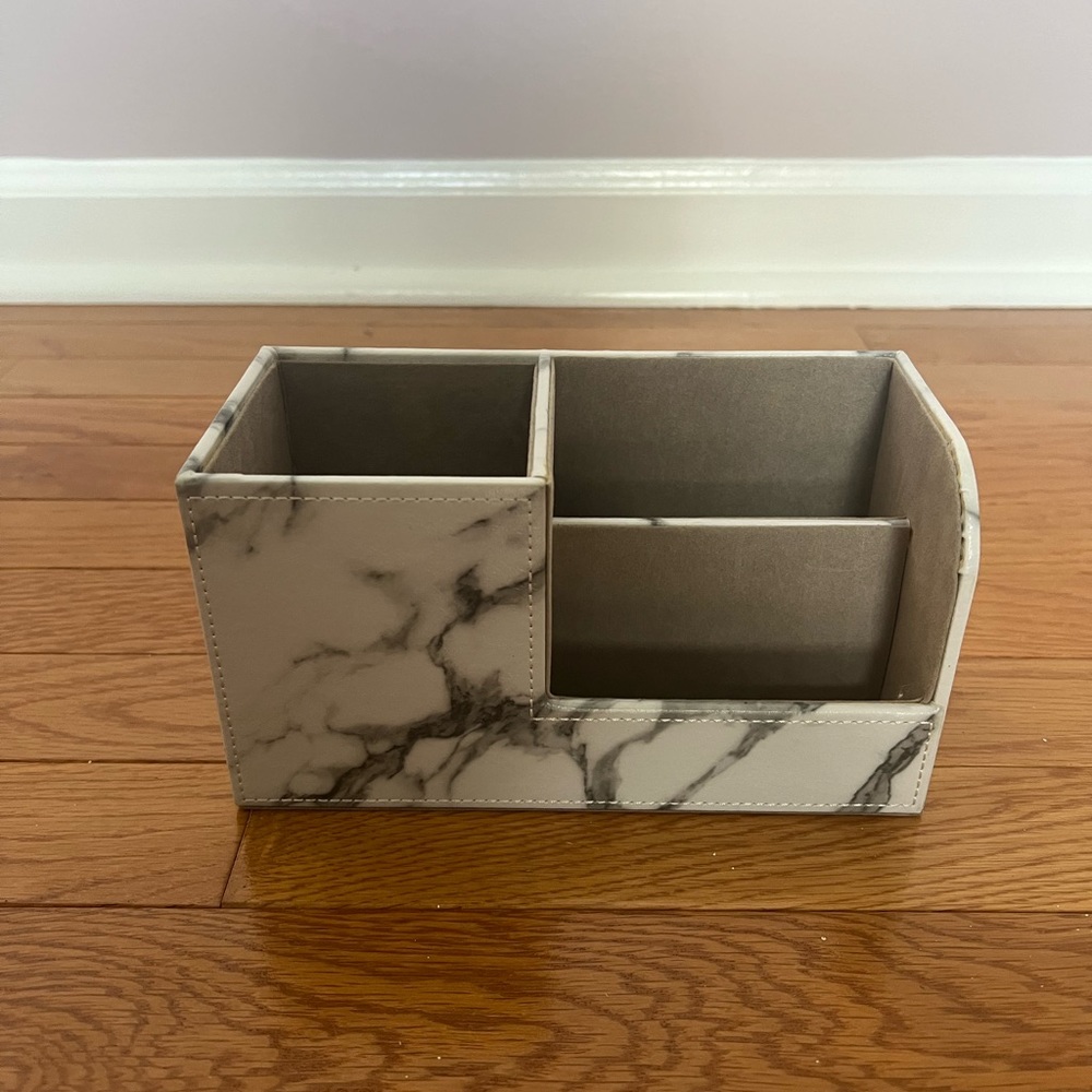 Leather Gray Marble Office Supply Organizer Caddy/Storage Box